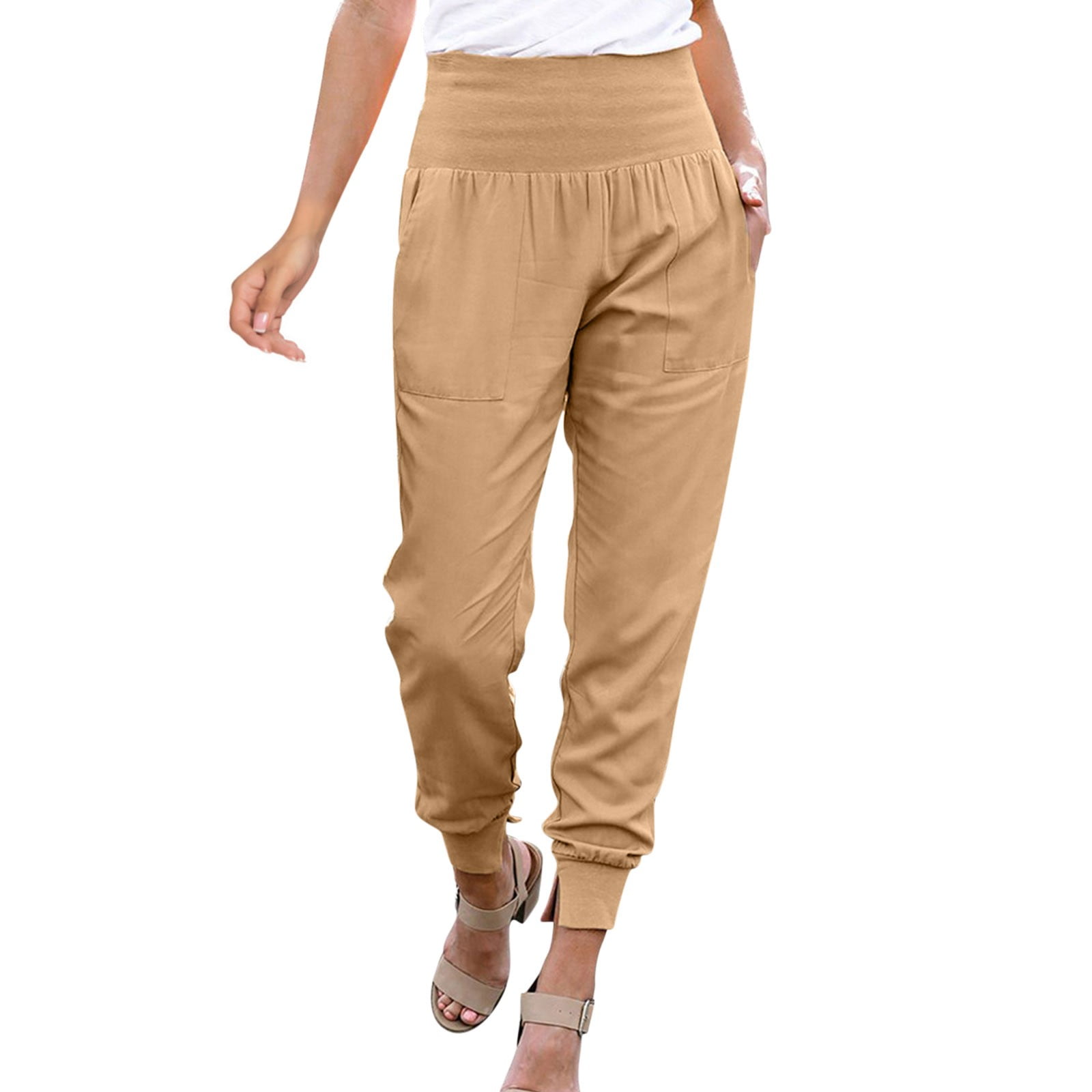 Generic Soft Comfort Women Pants High Waist Casual Summer Slacks Pants Women  Ice Silk Ankle_Length Long Trousers Female Slacks(#Full 1 Khaki)
