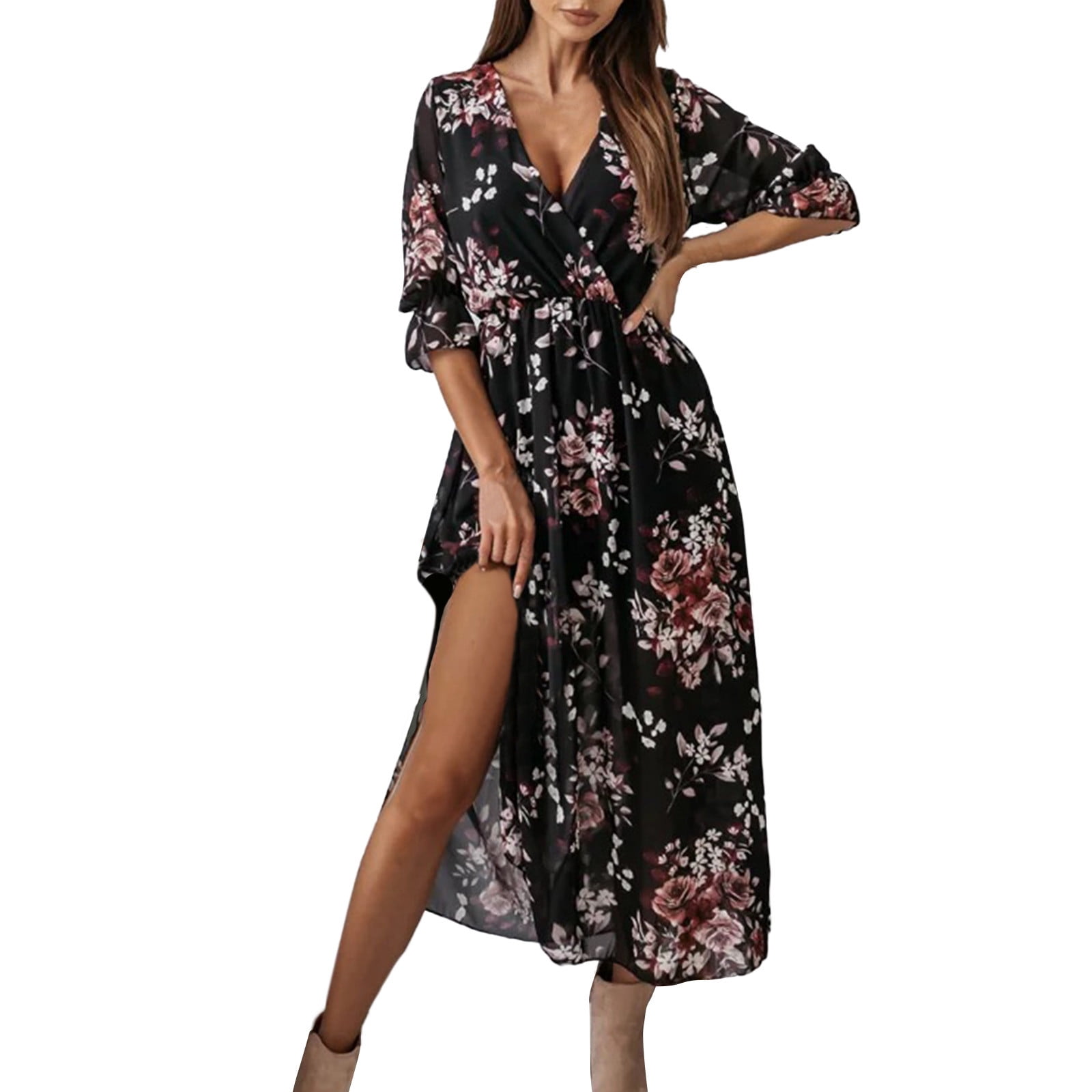 Women Plus Size Vacation Floral Print V Neck Long-sleeve Dress