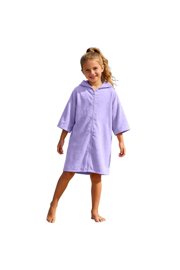 Beach Towels Poncho for Teens,Kids Wearable Bathrobe & Hooded Towels for Kids Cotton Towel Robe Zipper Beach Cover Up (7-13 Y)