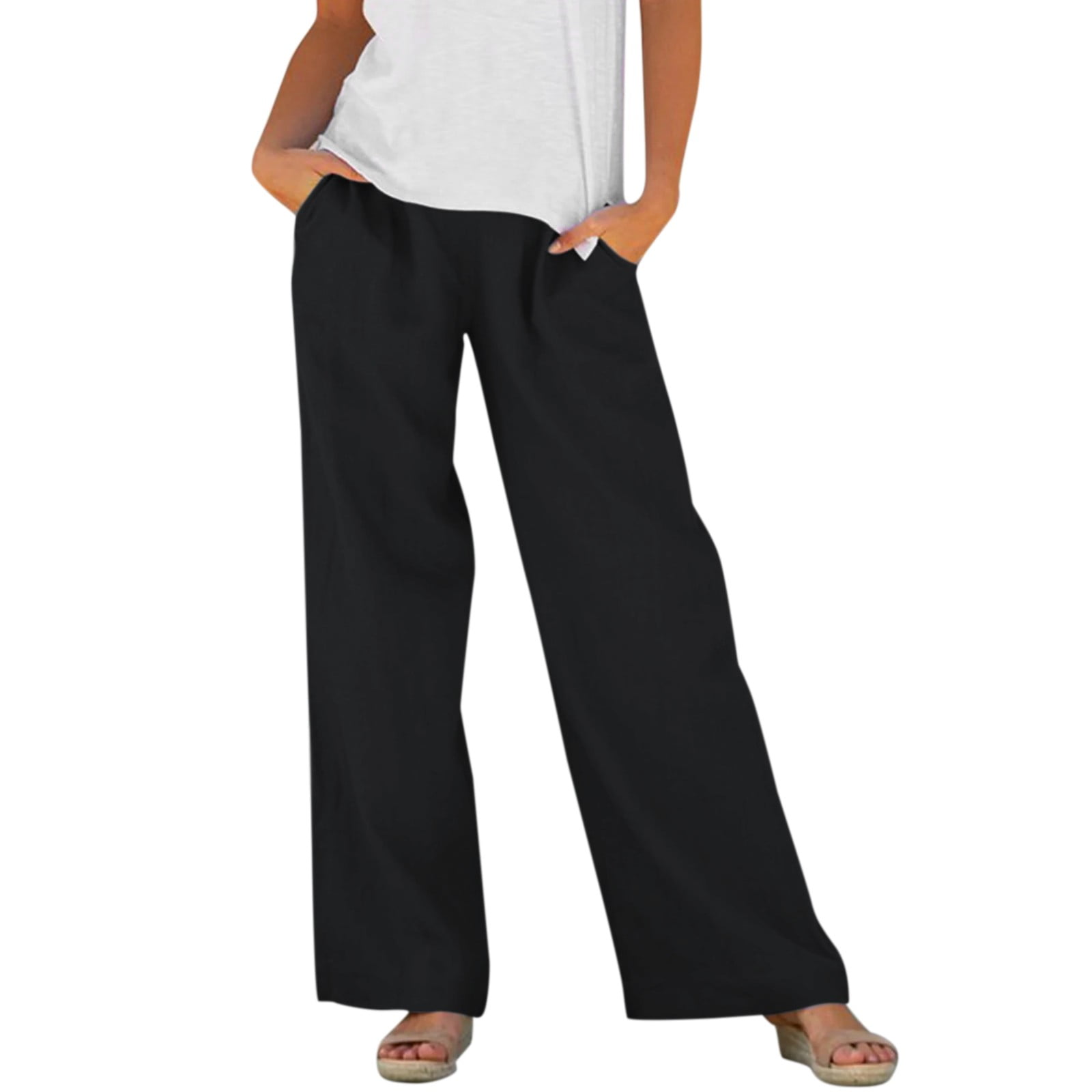 HSMQHJWE Black Slacks Cotton Pants For Women Casual Petite Womens Casual  Solid Color Loose Pockets Elastic Waist Pants Long Trousers Fall Pants 
