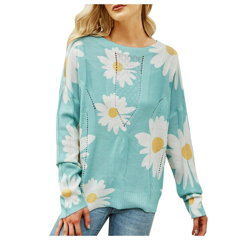 HSMQHJWE Boho Sweaters For Women Hippie Mens Oversized Pullover Women'S  O-Neck Long Sleeve Casual Floral Print Splice Knit Openwork Sweater Casual 