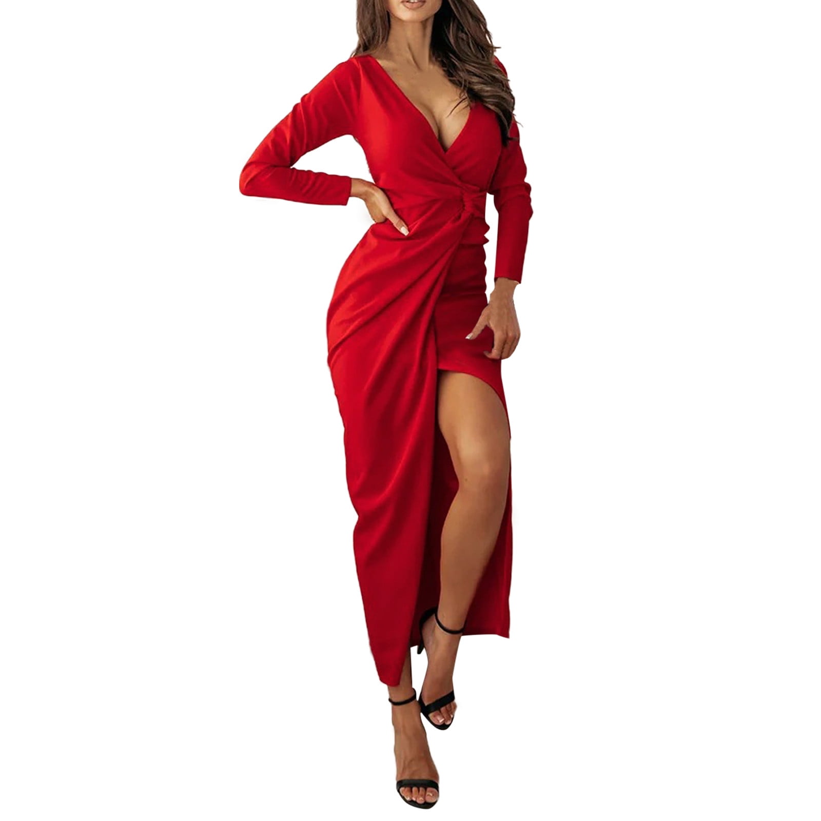 HSMQHJWE Dress With Shorts Underneath Womens Summer Womens Long Sleeve V  Neck Drawstring Pleated Dress Solid Color Slit Pack Casual Dress Short A  Line Dress 