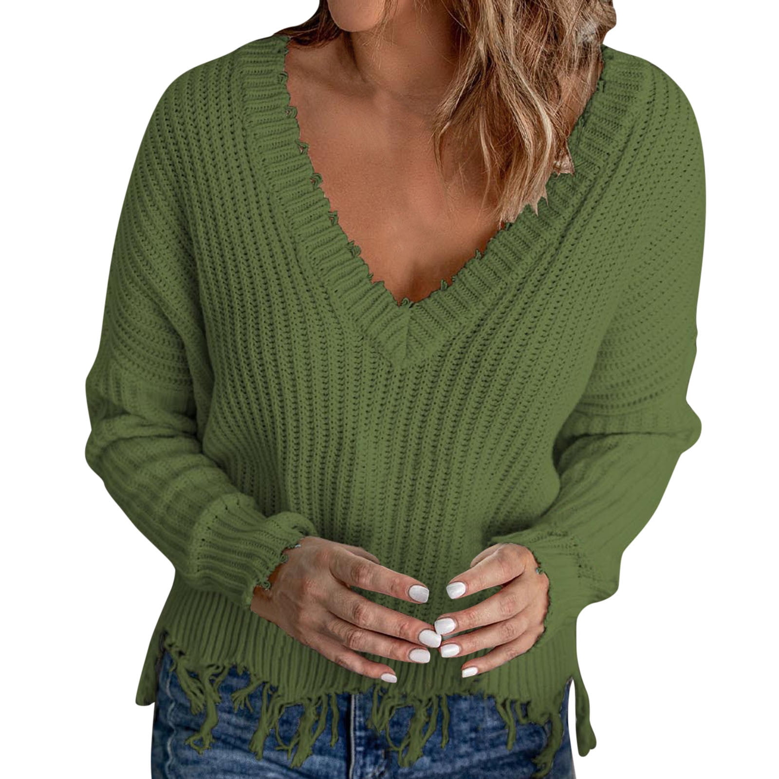 HSMQHJWE Cowl Neck Sweater For Women Thanksgiving Sweaters For Women Women Loose Casual V Neck Pullover Hem Fringe Solid Color Knit Sweater Sweater
