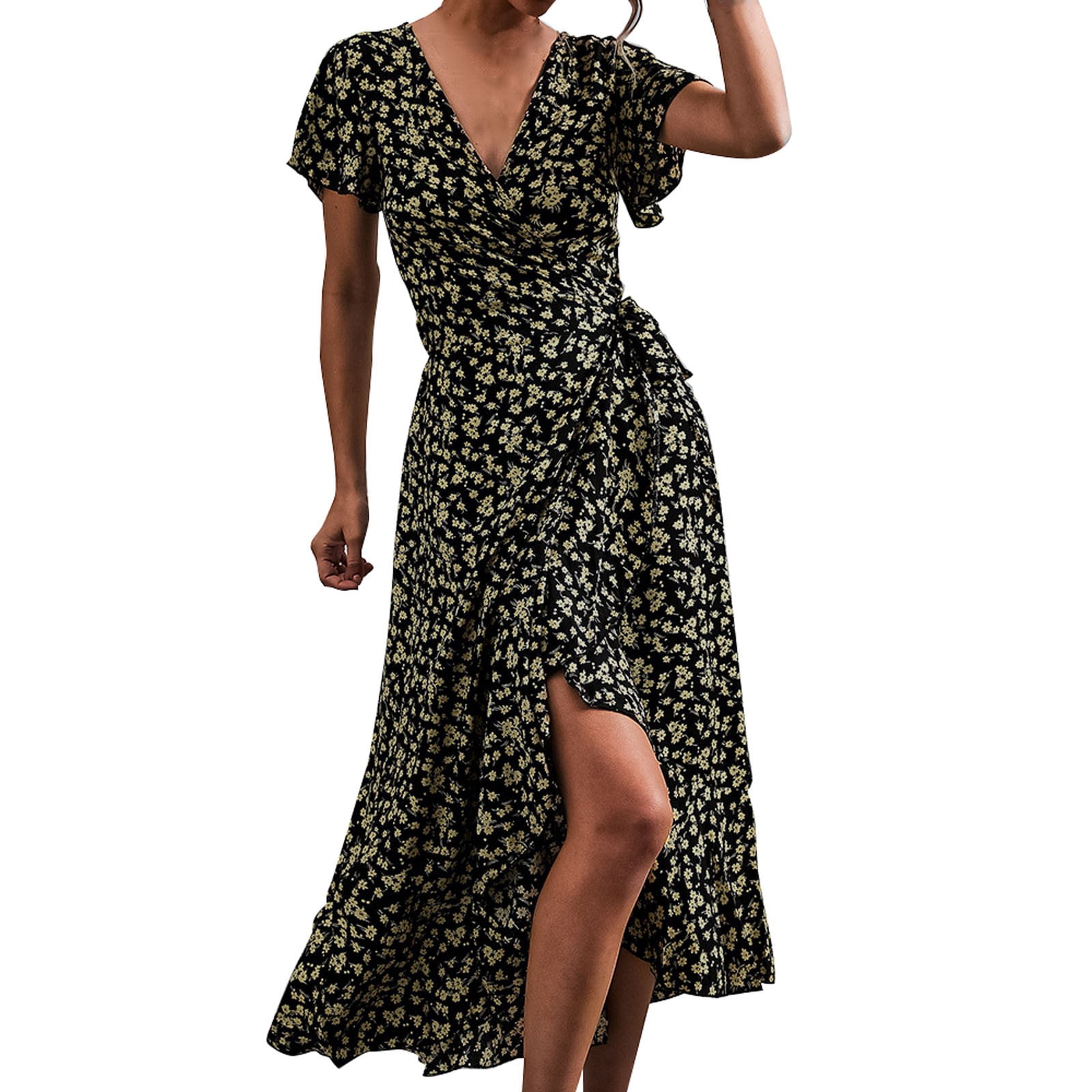 Robe Maxi Femme Anaya With Love - Col V Profond Manches Papillon Tulle A-Line Fente Cuisse, Invitée Mariage Soirée (Noir/Bleu)
