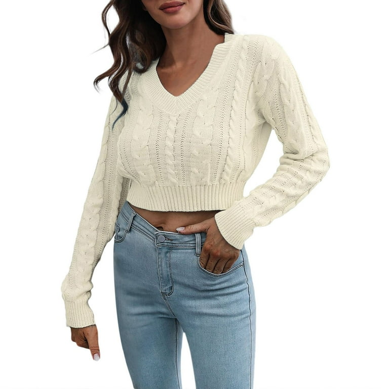 HSMQHJWE Cute Cropped Sweaters Patterned Pullover Women S V Neck Long Sleeve Knit Short Sweater Solid Color Pullover Tops Rose Hoodie