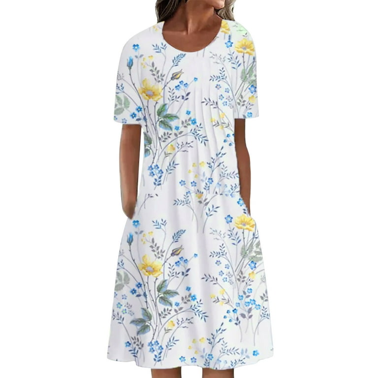 HSMQHJWE Dress Under 10 Dollars For Women Cotton House Dresses Women Summer  Casual V Neck Print Short Sleeve Dresses Empire Waist Dress With Pockets