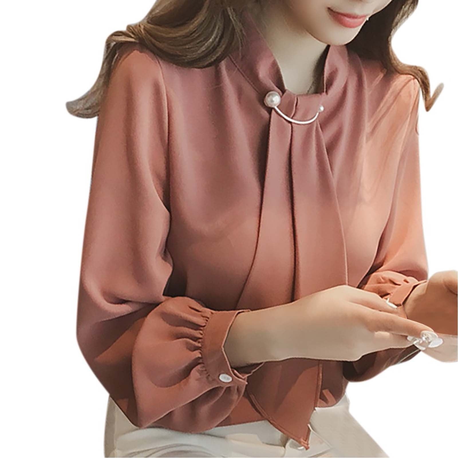 SMihono Clearance Jacquard Chiffon Casual Shirts Womens Plus Size Fashion  Print Solid Color Long Sleeve Bell Sleeve Blouse Crew Neck Tops Female