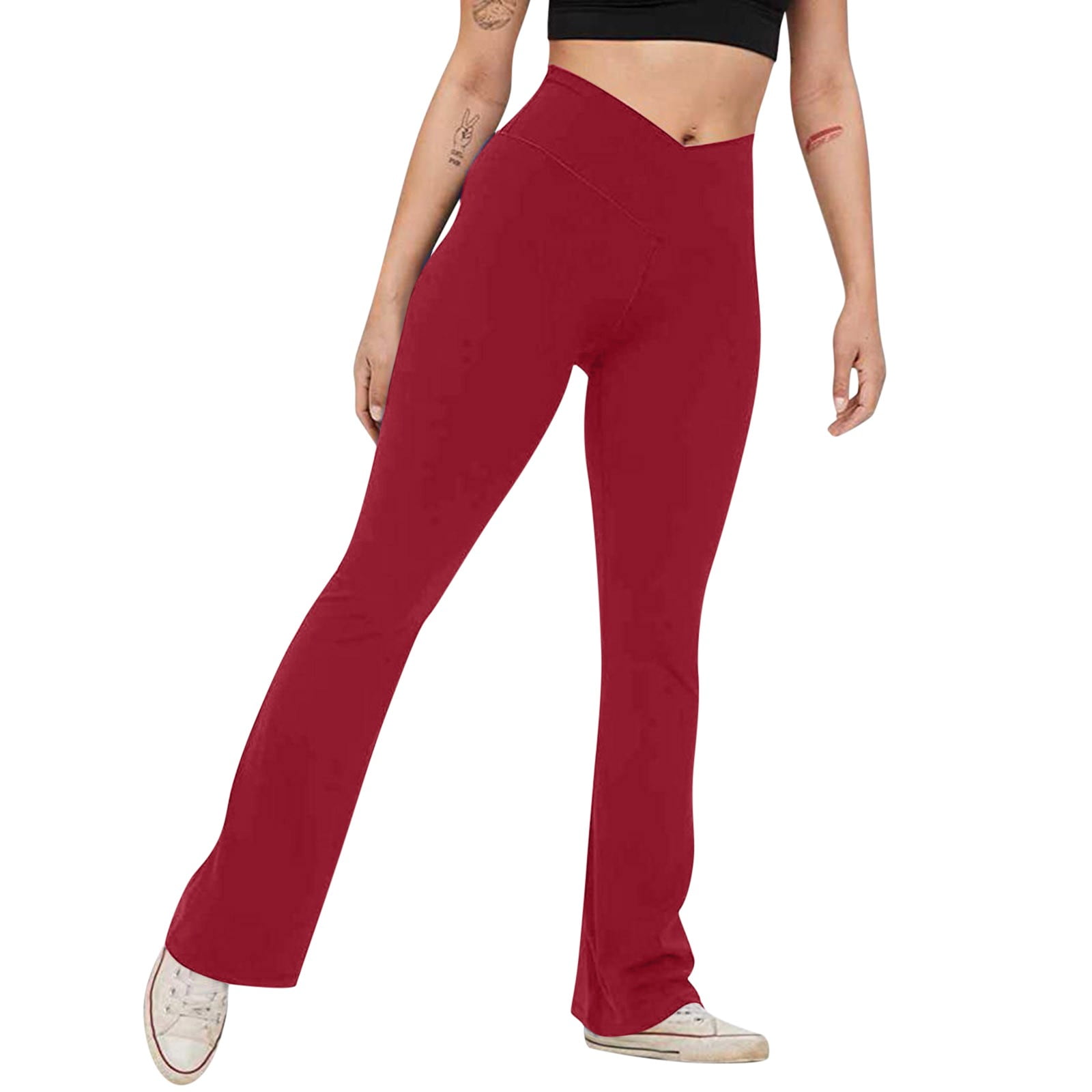 UHUYA Women Flare sweatpants Wide Leg Pants Casual Slim High Elastic Waist  Solid Color Sports Yoga Flare Pants Red M US:6