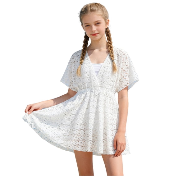 HSMQHJWE Girls Crochet Swim Cover Up Short Sleeve Swimsuits Long Beach Dress Mesh Breathable Stylish Beach Cover Up 7-16 Years