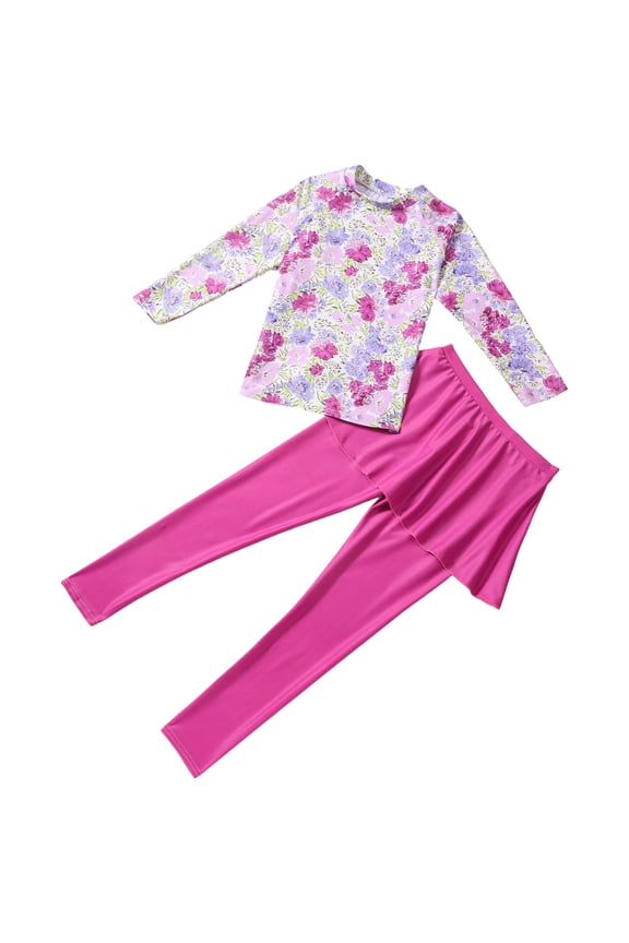 Girls Long Sleeve Swimsuits Skirt Top and Pant 2-Pieces Rash Guard Set Sun Protection (4-12Y)