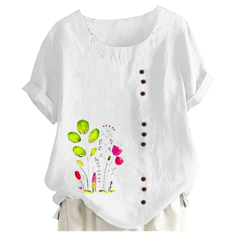 Cotton Short Sleeve Print Round Neck Embroidery Plus Size Tops Cotton Short Sleeve Print Round Neck Embroidery Plus Size Tops