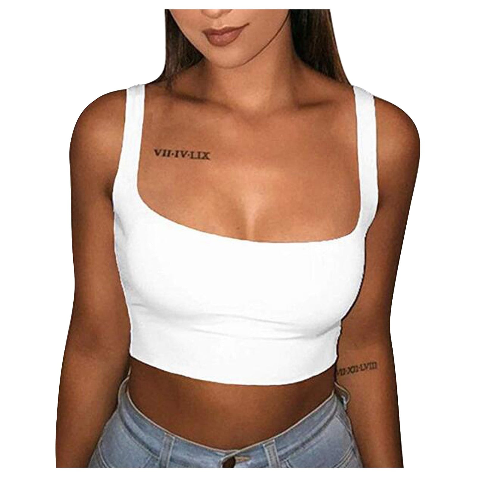 White Women Tank Top Sexy Elastic Solid Ribbed O Neck Off Shouled