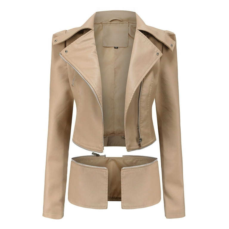 TOTITION jackets for women jackets Women's Waterfall Collar Zip Up Moto Jacket  jackets for women jackets (Color : Khaki, Size : Small) at  Women's  Coats Shop