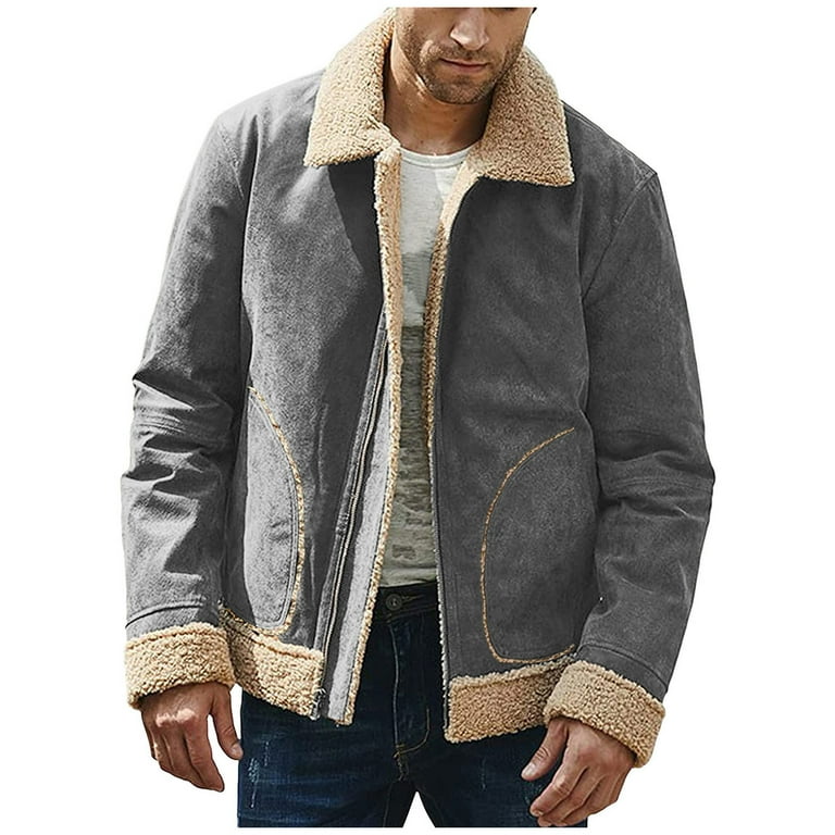 HSMQHJWE Jean Jacket Men Plus Size Mean Jacket Men Plus Size Winter Coat Lapel Collar Long Sleeve Padded Leather Jacket Vintage Thicken Coat Sheepskin Jacket Mens Zip Up Lightweight Walmart