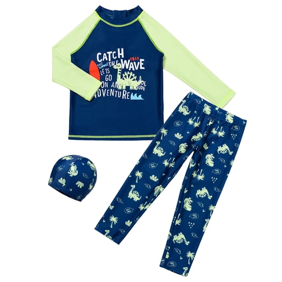 HSMQHJWE Kids Boys Three Piece Rash Guard Swimsuit Bathing Suit Long Sleeve Sunsuit Long Pants Swimwear Set with Cap (2-16 Years)