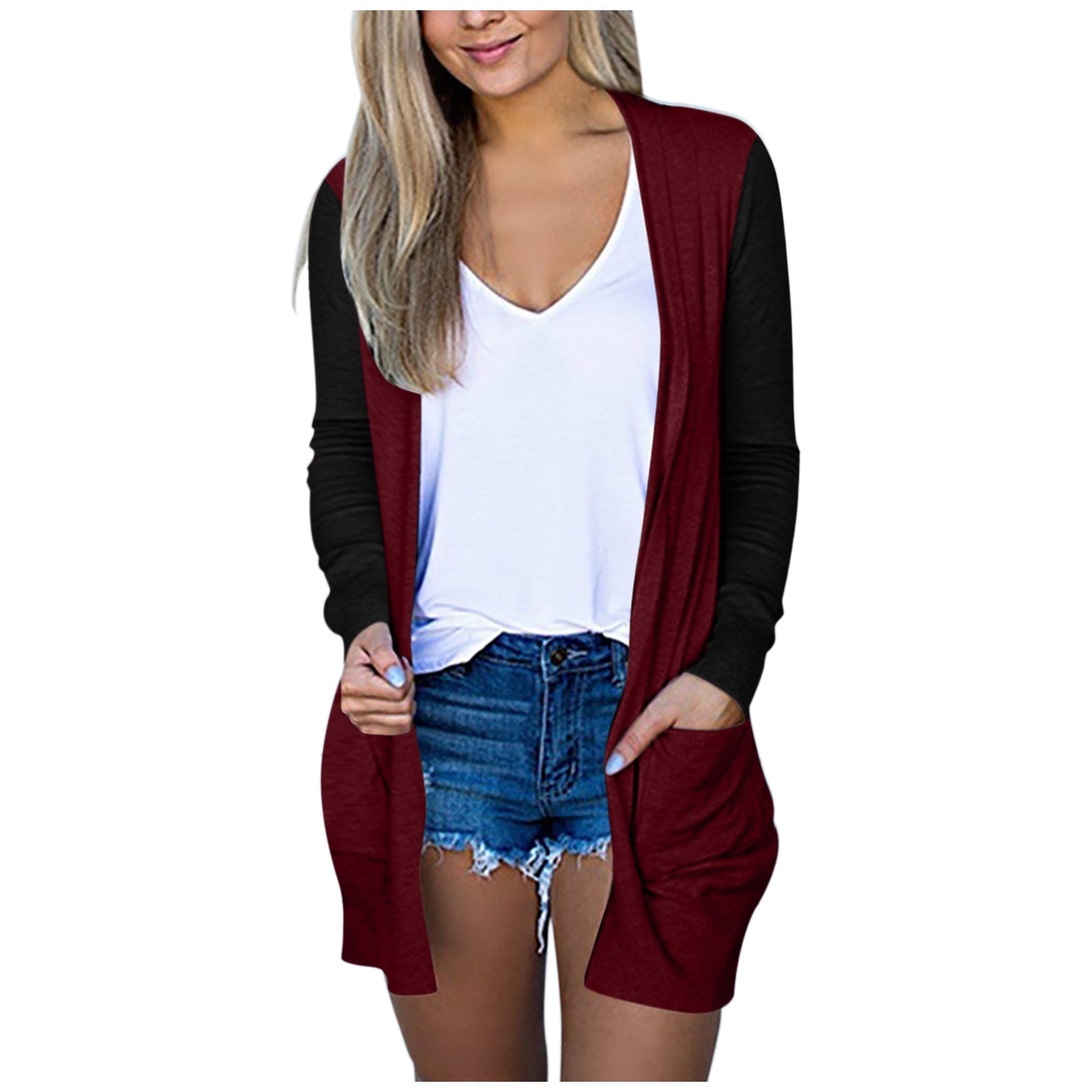 HSMQHJWE Kimono Cardigan Nocturne Hooded Knit Cardigan Women S Color Stitching Cardigan Long Sleeve Thin Coat Casual Pockets Fashion Slim Keep Warm Outerwear Slim Cardigan Sweaters Walmart