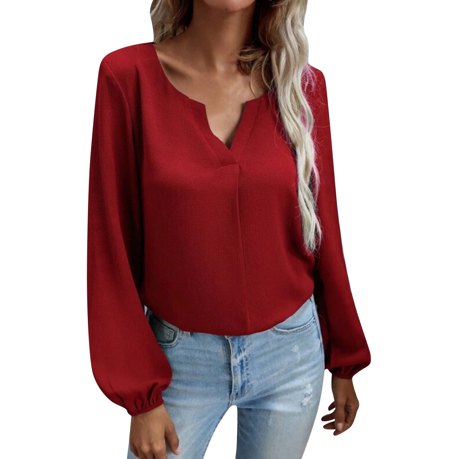 adviicd Womens Long Sleeve Blouse Women's Long Puff Sleeve Tops Dressy  Casual V Neck Cute Blouse Shirt Tunic Tops Red,M 