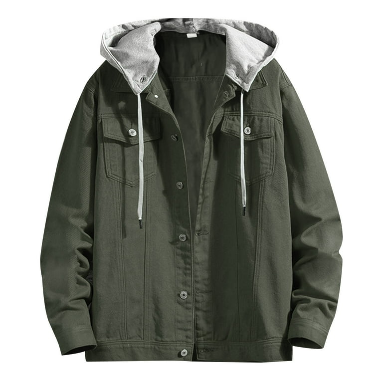 HSMQHJWE Mens Winter Jackets Clearance Sale Weather Coat Mens Spring And Autumn Leisure Solid Color Buckle Hooded Denim Jacket Coat Over Coats For Men Walmart