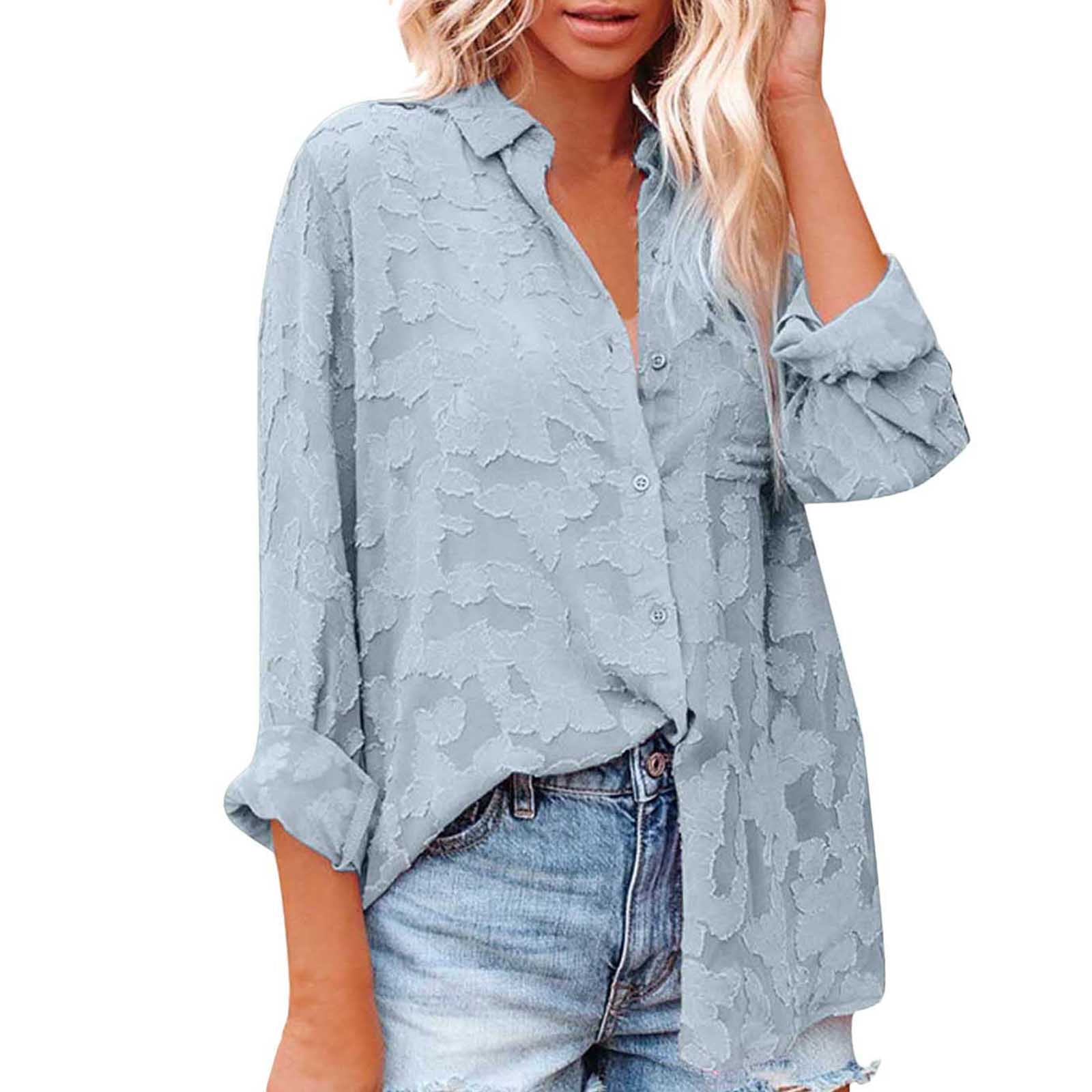 HSMQHJWE Womens V Neck Button Up Blouse For Women Solid T Casual