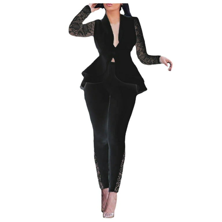HSMQHJWE Pant Suits For Women Dressy Wedding Guest With Elastic Waist  Womens Summer Work Suits Women Set Solid Lace Splice V-Neck Long Sleeve  Coat Ruffle Button Long Pants Set Fit Flare Dress 