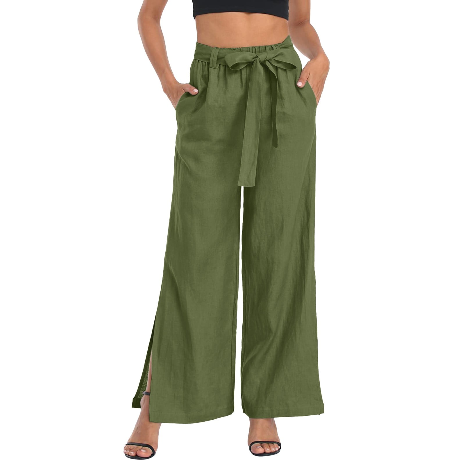  BZGTZT Women Linen Pants Boho Floral Print Loose Fit Palazzo  Pants Smocked High Waist Stretchy Wide-Leg Trousers with Pocket Green :  Sports & Outdoors