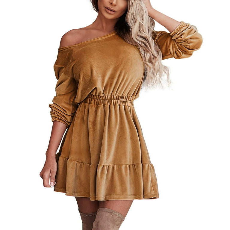 HSMQHJWE Puff Sleeve Short Peach Dress Womens Velvet O Neck Solid Color Long Sleeve Ruffles Casual Mini Dress Long Sleeve Mesh Dresses For Women Walmart