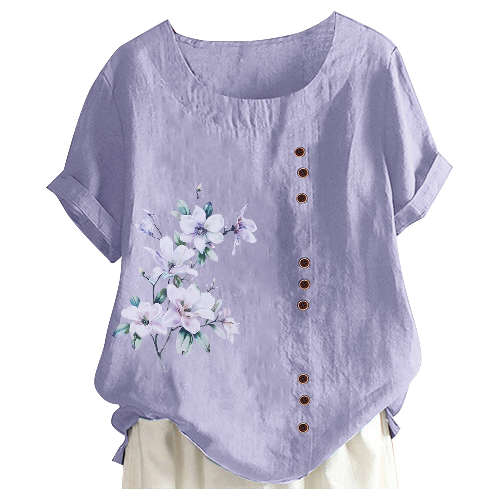 Ruziyoog Women Short Sleeve Cotton Linen Blouses Top T-shirt Ladies Solid  Color Cotton and Linen Shirt Short Sleeve Lapel Button Top Purple M 