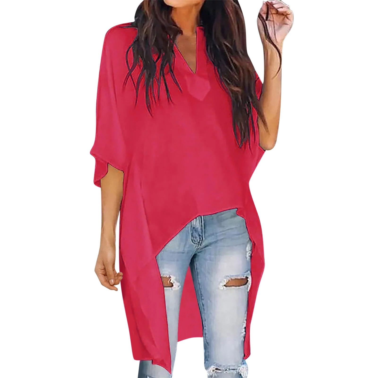 HSMQHJWE Shacket Womens Womens Western Shirt Womens V Neck Bell Sleeve Asymmetrical High Low Tunic Tops Summer Chiffon Blouse Flowy Tops Soft Clothes