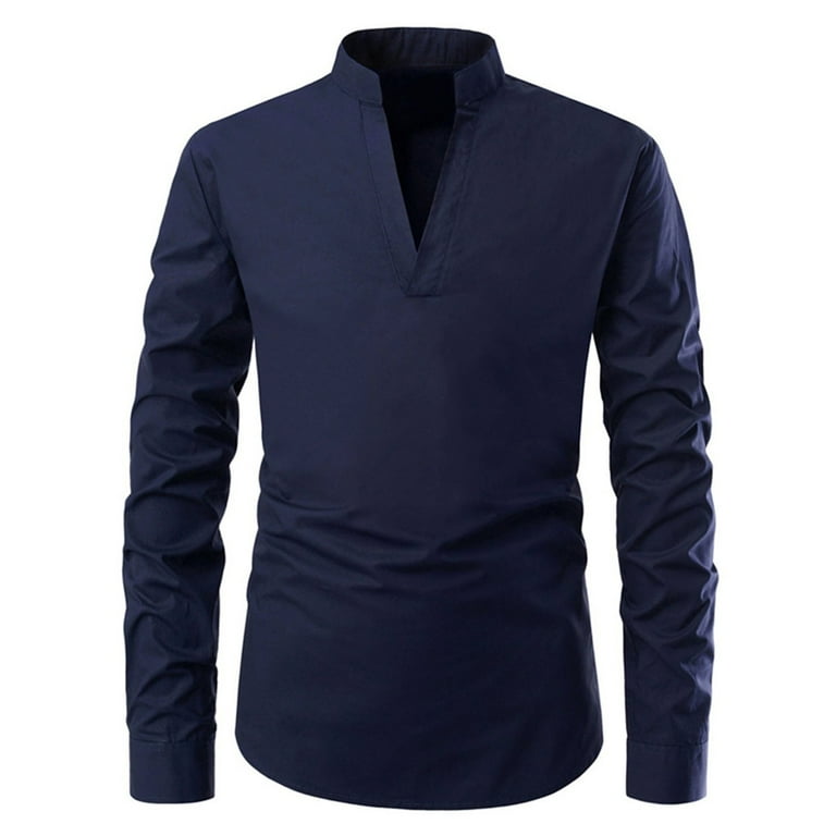 HSMQHJWE Shirts Men Dress Shirt Without Collar For Men Neck Slim Button V Long Men S Solid Blouse Sleeve Comfortable Top Color Men S Blouse Mens High