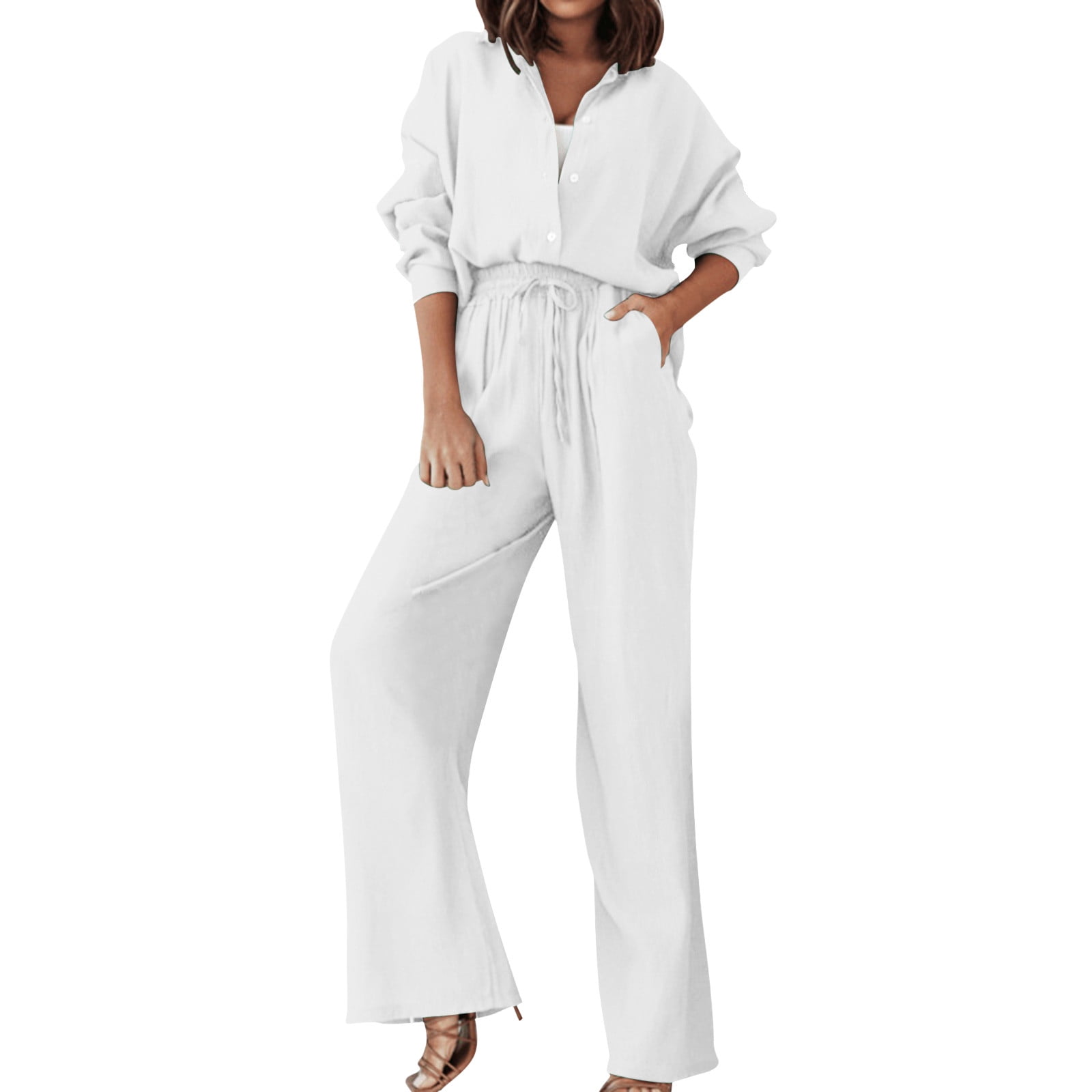 HSMQHJWE Snow Overalls Women Pant Suits For Women Dressy Wedding Guest  Petite Women'S Two Piece Outfits Set Long Si Button Down Shirt Blouse Top  Drawstring Wide Leg Pants Solid Color Tracksuit Women 