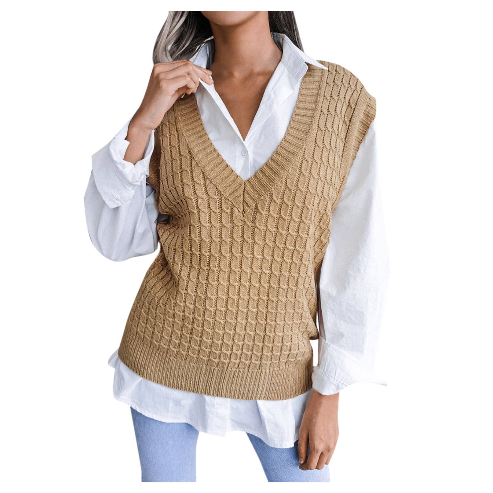 HSMQHJWE Soft Sweaters For Women Cozy Warm Women Cardigan Sweater Women'S  Autumn And Winter Fasion Solid Color V-Neck Sweater Vest Cable Knitted  Sleeveless Checked Sweater Tan Sweater 