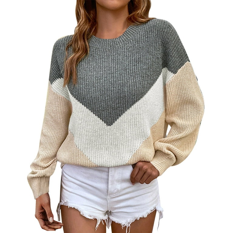 HSMQHJWE Sueras Para Mujer Sweater For Workout Women Fashion Knit  Colorblock Round Neck Loose Long Sleeve Sweater Top Mens Zip Up Sweaters