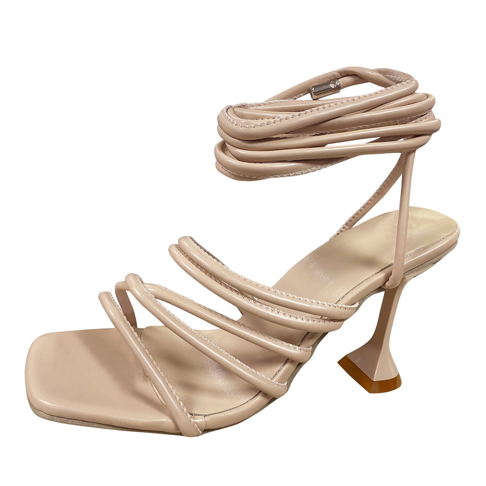 HSMQHJWE Womens Heeled Sandals Heel Braided Square Toe Slingback Buckle  Ankle Strap Casual Sandal Shoes Beige,7) 