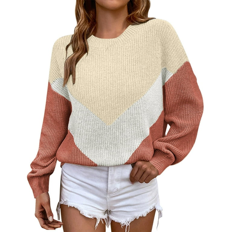 HSMQHJWE Waffle Sweater Women Sweater For Workout Women Fashion Knit Colorblock Round Neck Loose Long Sleeve Sweater Top Mens Zip Up Sweaters Walmart