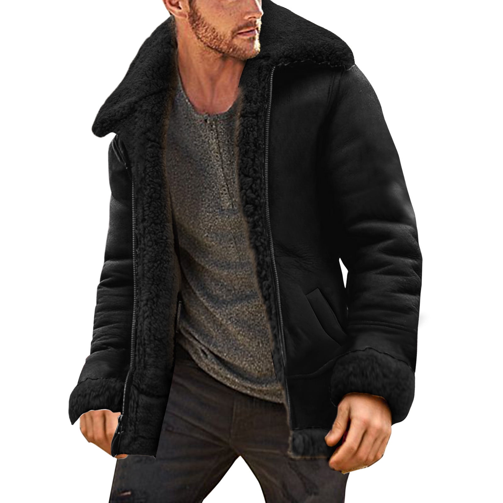 HSMQHJWE Black Bomber Jacket Men Plus Size Mean Jacket Men Plus Size Winter  Coat Lapel Collar Long Sleeve Padded Leather Jacket Vintage Thicken Coat