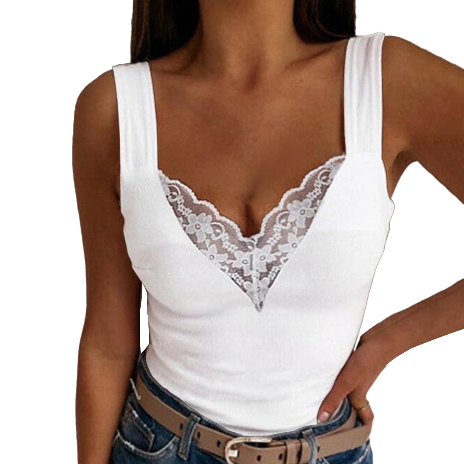 HSMQHJWE White Dressy Tank Tops For Women A Tops For Women Womens Lace V  Neck Vest Solid Sleeveless Casual Tank Blouse Tops Compression Workout Top  Women 