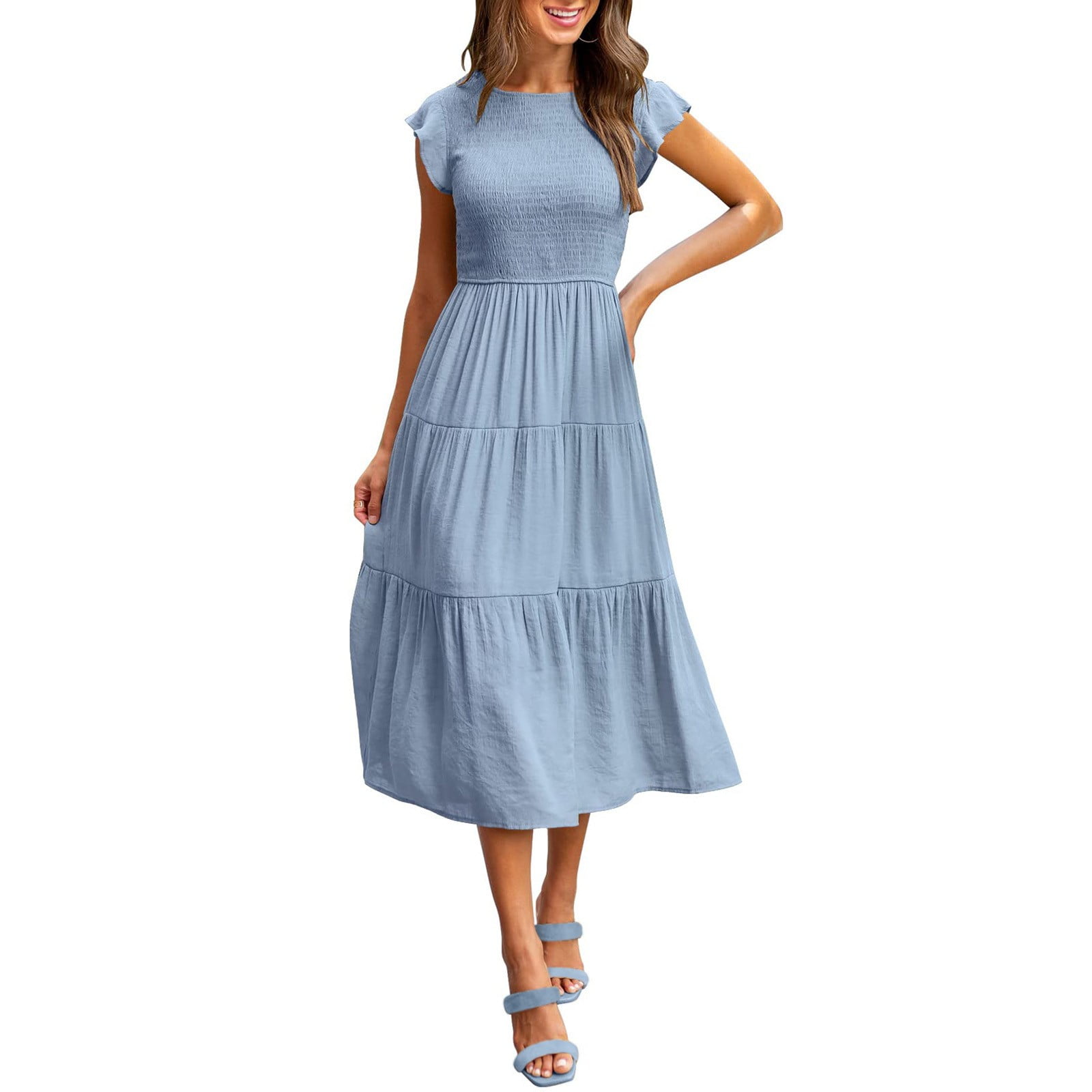 HSMQHJWE White Flowy Dress Knee Length Dresses For Women Women S Summer Casual Flutter Short Sleeve Crew Neck Smocked Elastic Waist Tiered Midi Dress Womens Casual Dresses Long Sleeve Walmart