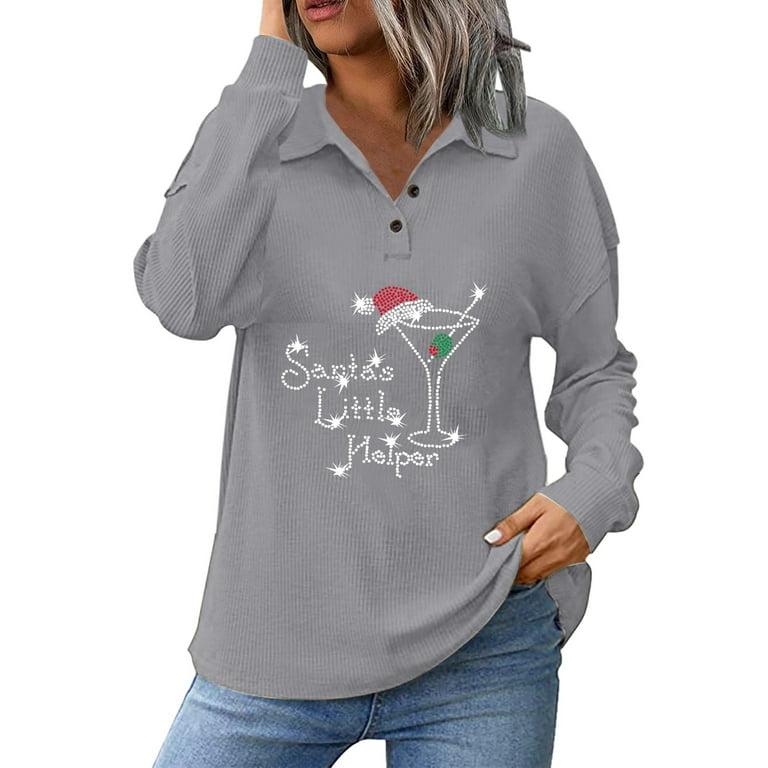 HSMQHJWE Women Clothes Clearance Sale Women'S Long Sleeve Women'S T Shirt  Christmas Glass Blouse Button Placket Tops Printing Lapel Long Sleeve Tops