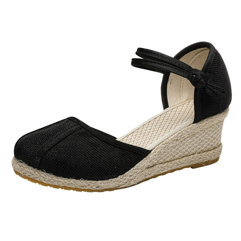 HSMQHJWE Women s Espadrilles Wedge Sandals Cap Toe Ankle Strap with Buckle Slingback Summer Platform Shoes Black 7.5