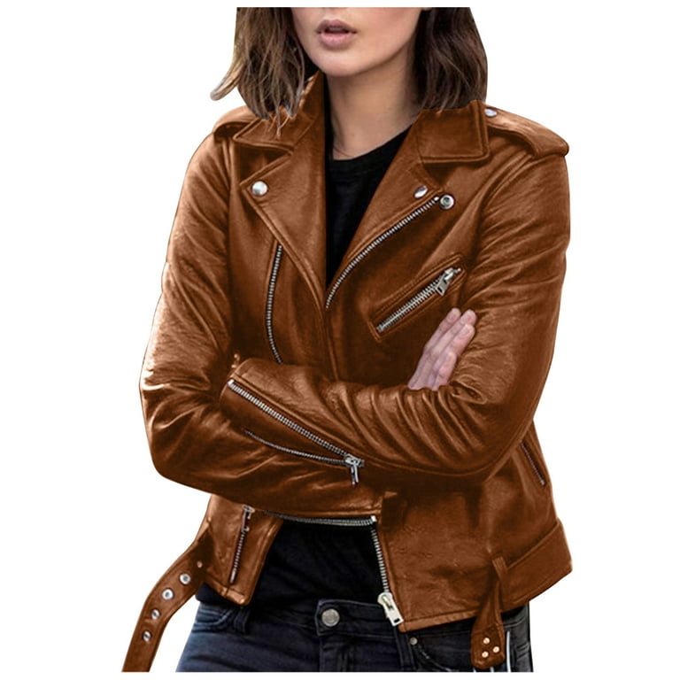HSMQHJWE Womens Business Attire Winter Casual Jacket Women Women Plus Size  Fashion Leather Jacket Long Sleeve Zipper Fitted Artificial Leather Coat