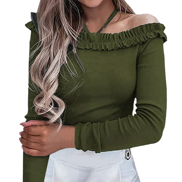 HSMQHJWE Womens Button Up Shirts Women Compression Shirts Off Shoulder Tops  For Women Halter Neck Long Sleeve Ruffle Cold Shoulder Blouse Slim Fitted  Ribbed Knit Shirts Turtle Neck Collar 