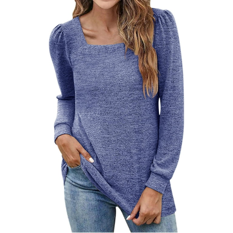 HSMQHJWE Womens Crew Neck T Shirts Womens Layering Shirts Long Sleeve  Womens Tunic Tops For Leggings Square Neck Puff Sleeve Shirts Casual Fall