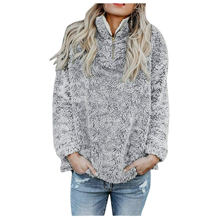HSMQHJWE Womens Loose Tshirt Ladies Football Shirts Women'S Loose Warm Winter Solid Long Sleeve Zipper Up Sweatshirt Blouse Pullover Cute L