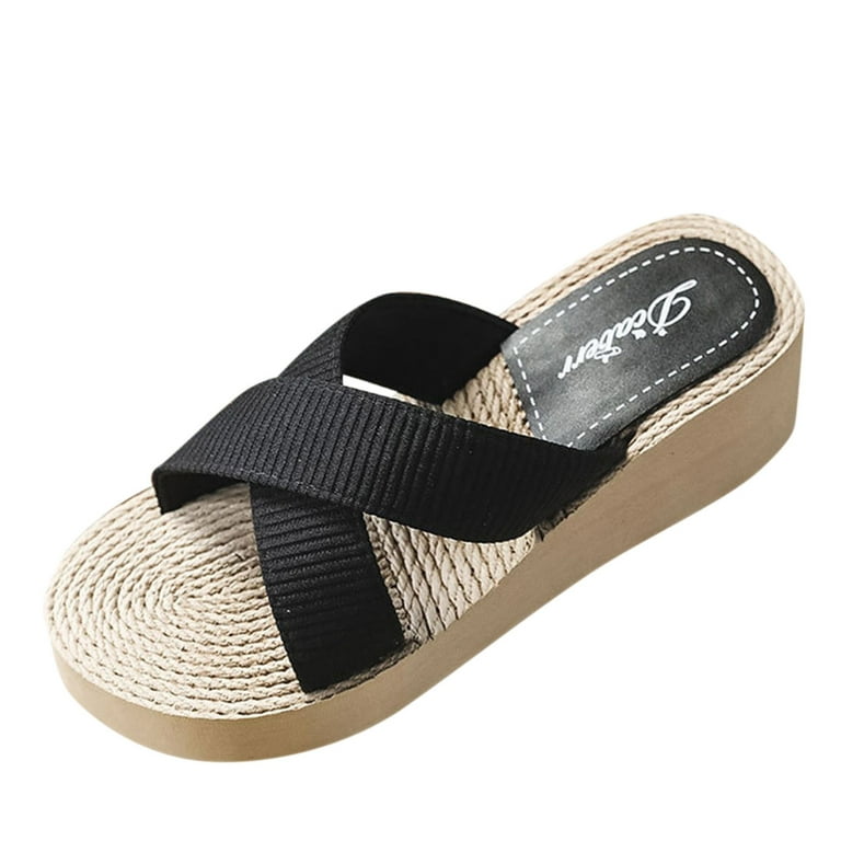 HSMQHJWE Womens Platform Wedge Sandals Espadrilles Braided Open Toe Slip On  Summer Mule High Brown Heels Sandal Shoes（Black,7.5) 