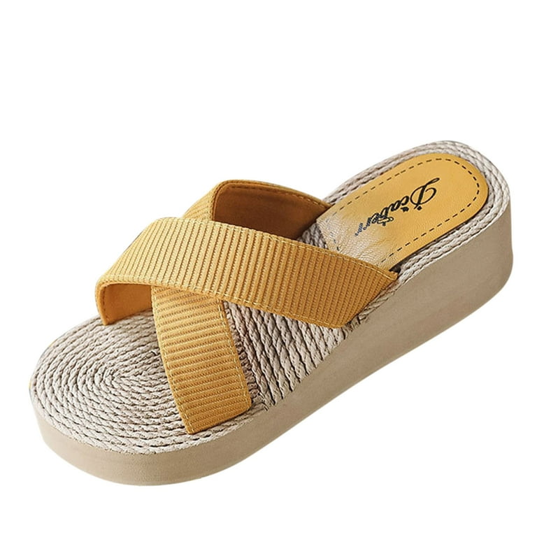 HSMQHJWE Womens Platform Wedge Sandals Espadrilles Braided Open Toe Slip On  Summer Mule High Brown Heels Sandal Shoes（Yellow,8) 