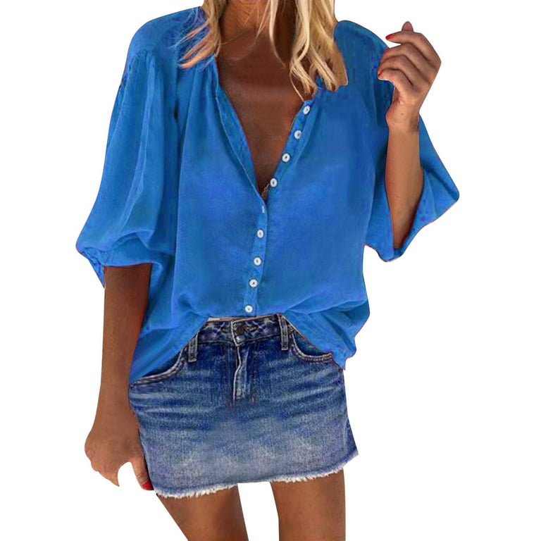 HSMQHJWE Womens V Neck Button Up Blouse For Women Solid T Casual