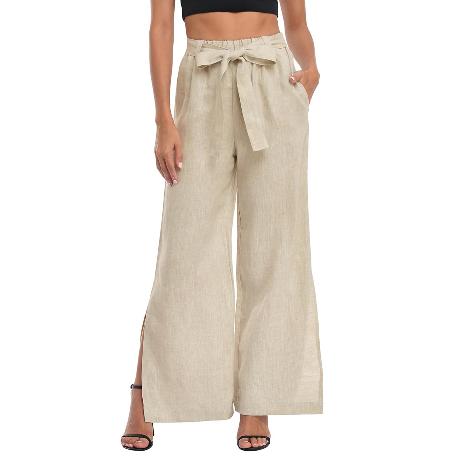 HSMQHJWE Petite Palazzo Pants For Women Petite Length Womens Pants With Pockets  Casual Women'S Linen Wide Leg Palazzo Pants Paperbag Flowy Boho Pant With Pockets  Ladies Summer Pants 
