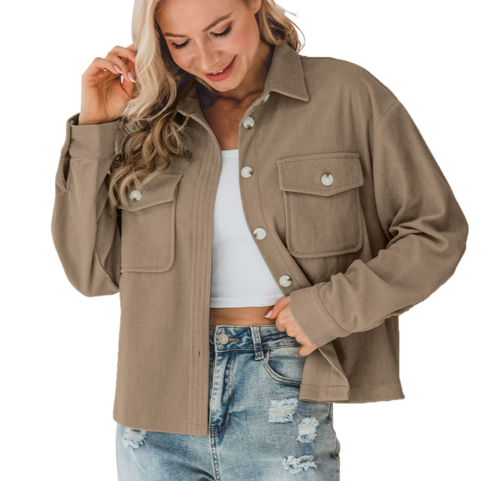 HSMQHJWE Womens Zip Up Jacket Business Jackets For Women Womens Casual  Cropped Corduroy Jackets Button Down Long Sleeve Shirts Jacket With Pockets
