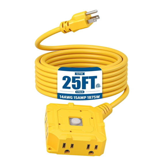 DEWENWILS 25FT 14 AWG Yellow Extension Cord for Outside 6 Outlets with Switch and Indicator Lights Heavy Duty SJTW 15A 1875W