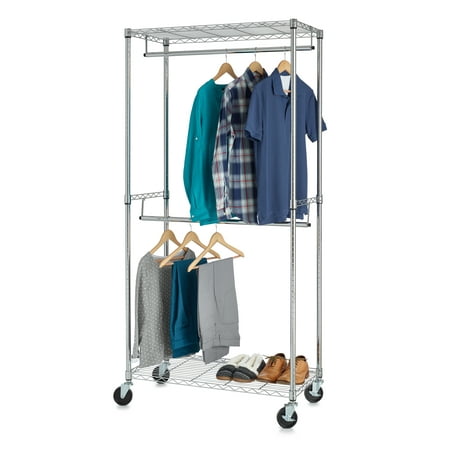 HSS 2-Shelf Garment Wire Shelf Unit with Casters, Steel, Chrome